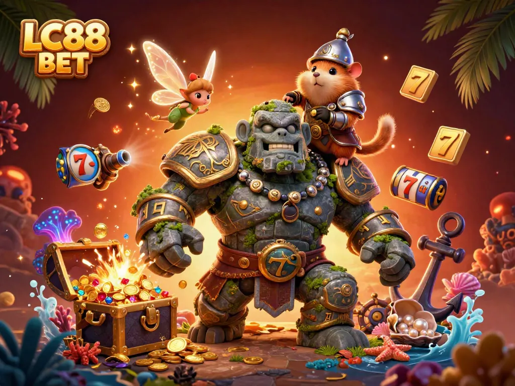 Experience the thrill of LC88 BET with a vibrant 3D illustration featuring an enchanted scene of casino elements and magical characters.