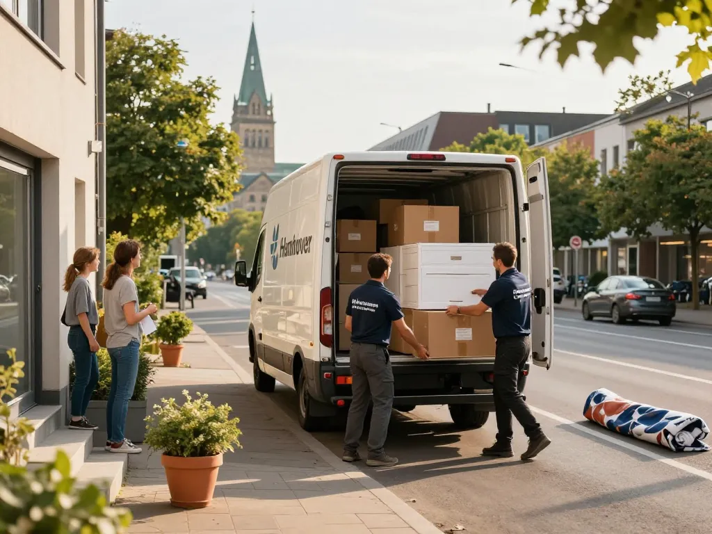 Professionelle Umzugshelfer von umzugunternehmen Hannover laden einen Umzugswagen in einer pulsierenden städtischen Umgebung