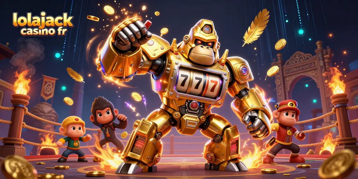 Engage with the vivid world of lolajack casino fr, featuring a dynamic scene with a golden gorilla mech bursting with excitement and rewards.