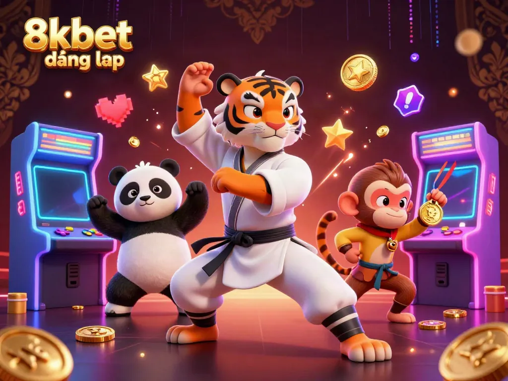 Experience the thrill of 8xbet đăng nhập with the kung fu tiger master in a vibrant casino scene.