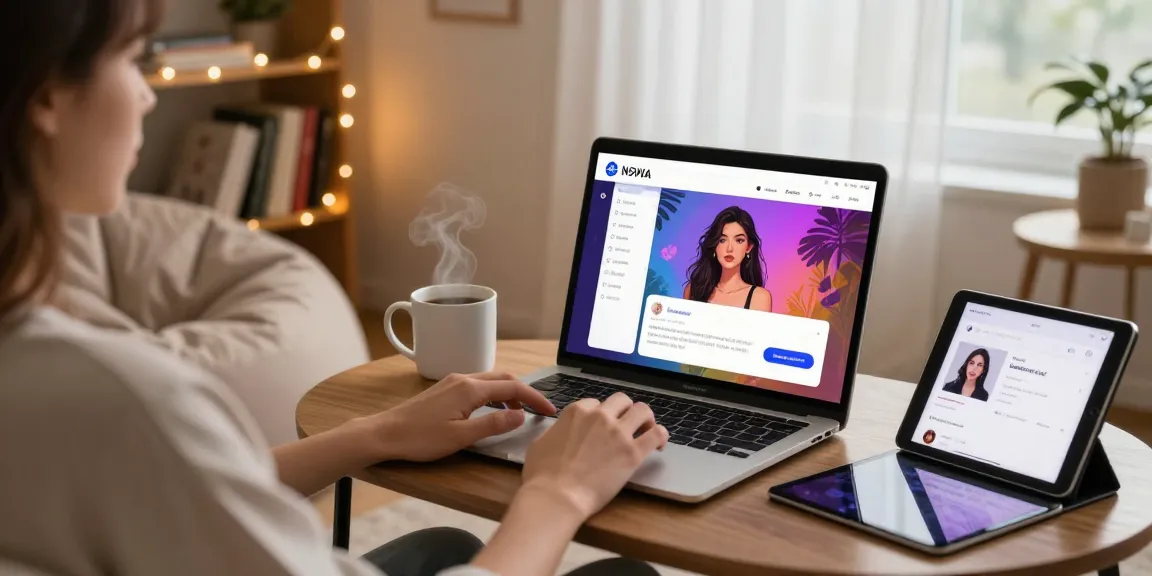 Engaging NSFW AI interaction in a cozy home office, showcasing personalized chat visuals.