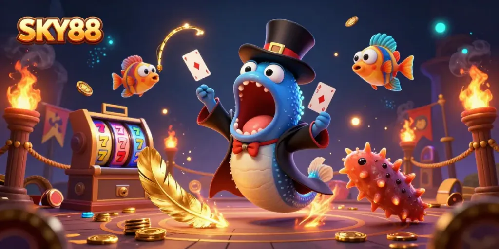 SKY88 captivates with a vibrant 3D scene showcasing a gulper eel magician performing card tricks in a casino.