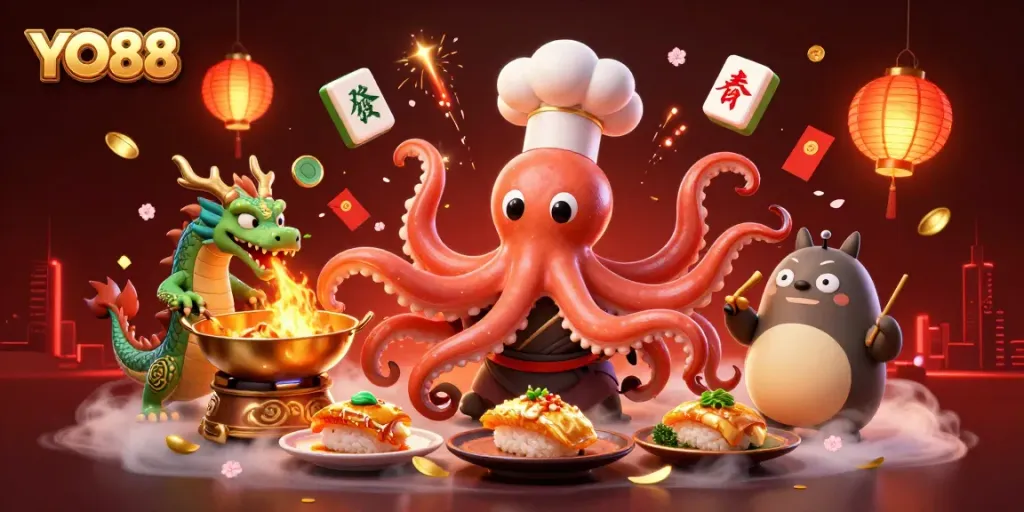 Experience YO88 with a vibrant casino scene featuring an octopus chef and dragon, surrounded by game elements.