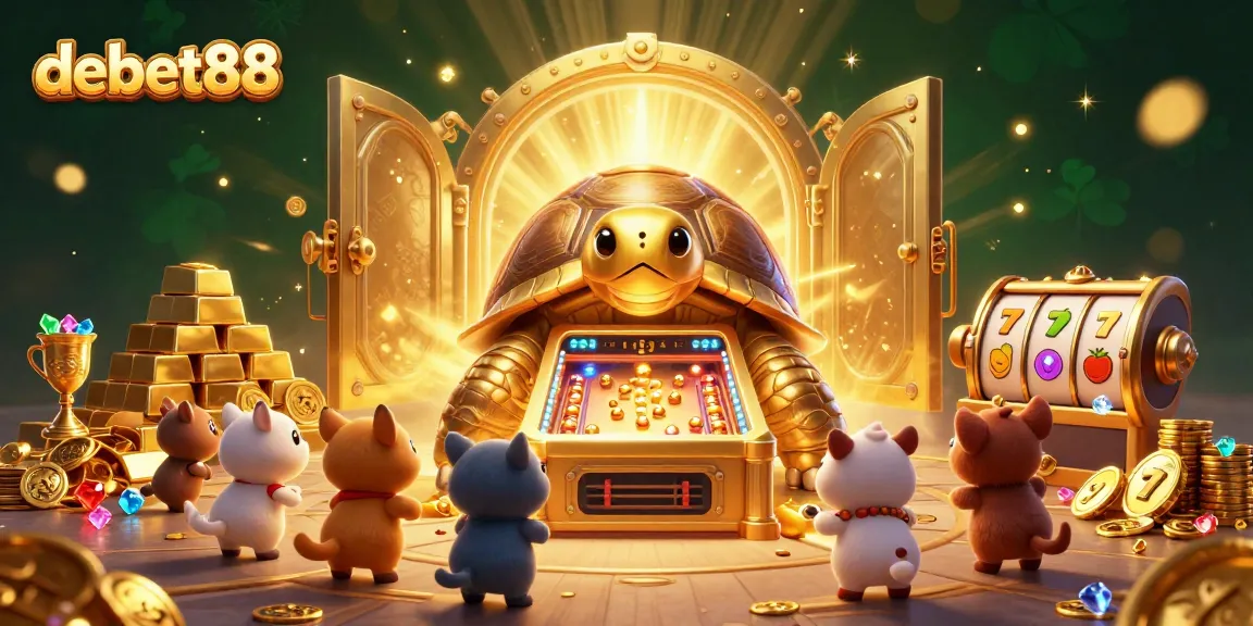 Experience debet88 gaming excitement with a vibrant illustration of a golden tortoise and slot elements.