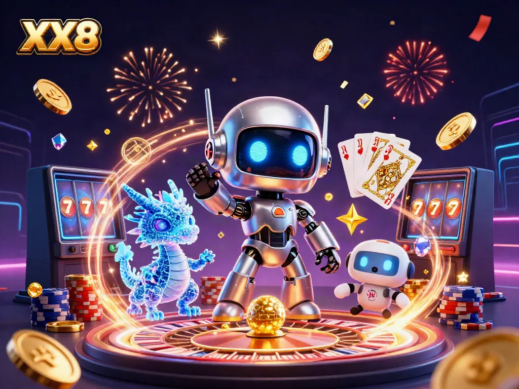 Experience thrilling gameplay at XX8 with a vibrant 3D illustration featuring a cyberpunk robot and exciting casino elements.
