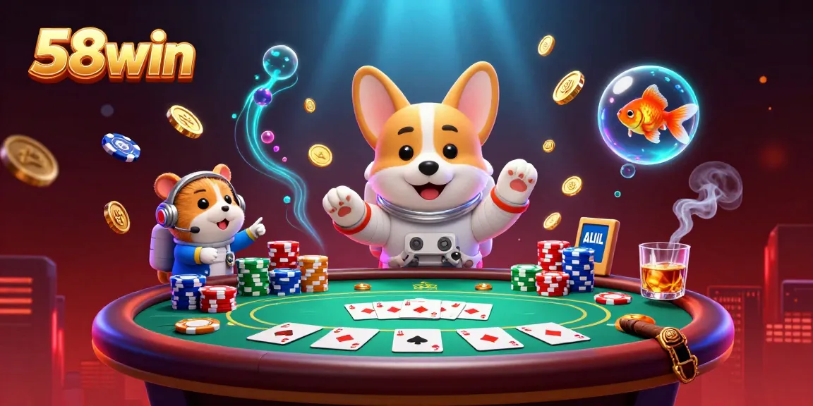 Play exciting casino games with 58win while a corgi astronaut floats in a vibrant space casino.