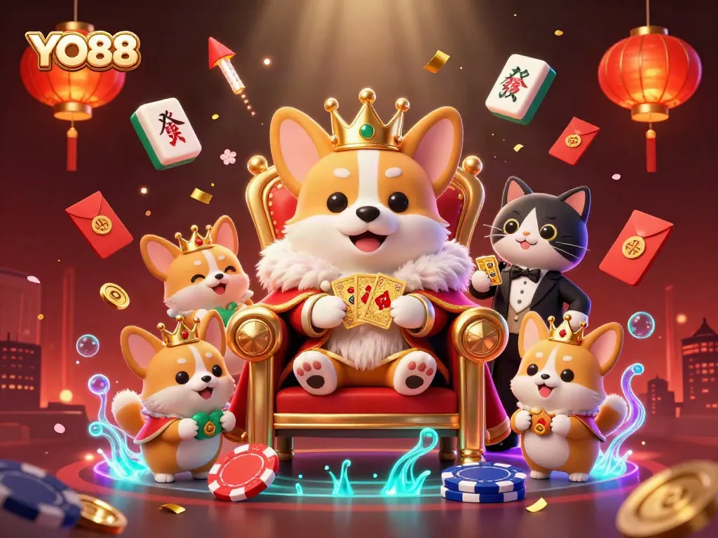 Experience the fun of YO88 with a vibrant 3D illustration of a royal corgi on a poker chip throne surrounded by game elements.