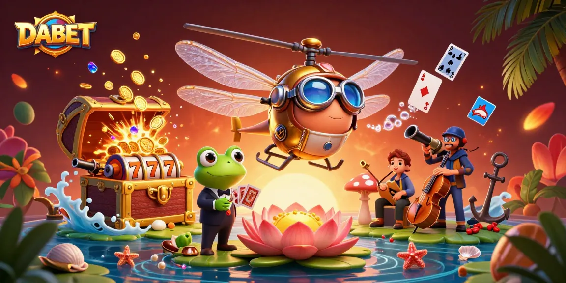 DABET immersive casino scene with a dragonfly pilot and frog dealer among treasure and slot reels