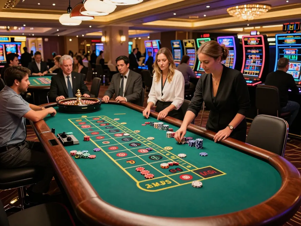 Engaged gamers placing bets at sunwingo roulette table in a vibrant casino atmosphere