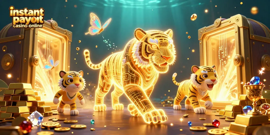 Experience the thrill of instant payout casino online with a dazzling scene of a glowing tiger and treasure.