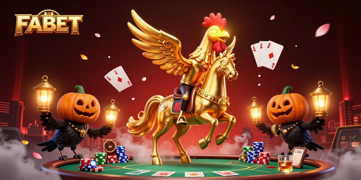 FABET showcases a golden rooster headless horseman in a midnight casino scene, immersed in poker action.