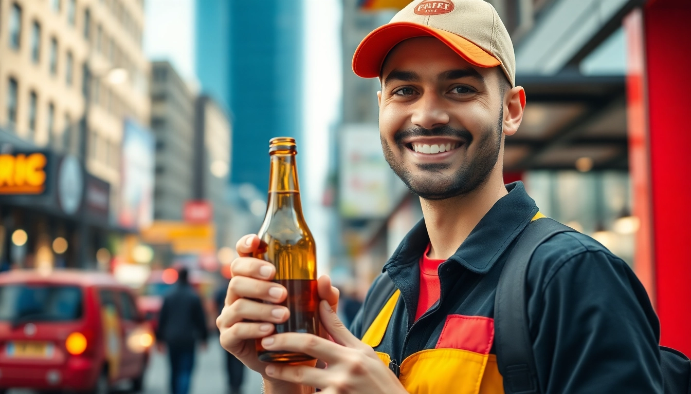 Engaging dial a bottle Toronto delivery scene with a smiling service member and city backdrop.