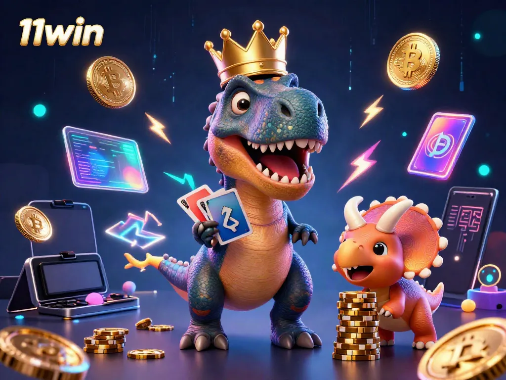 Engage with 11win's thrilling atmosphere showcasing a friendly T-Rex and vibrant characters in a dynamic casino scene.