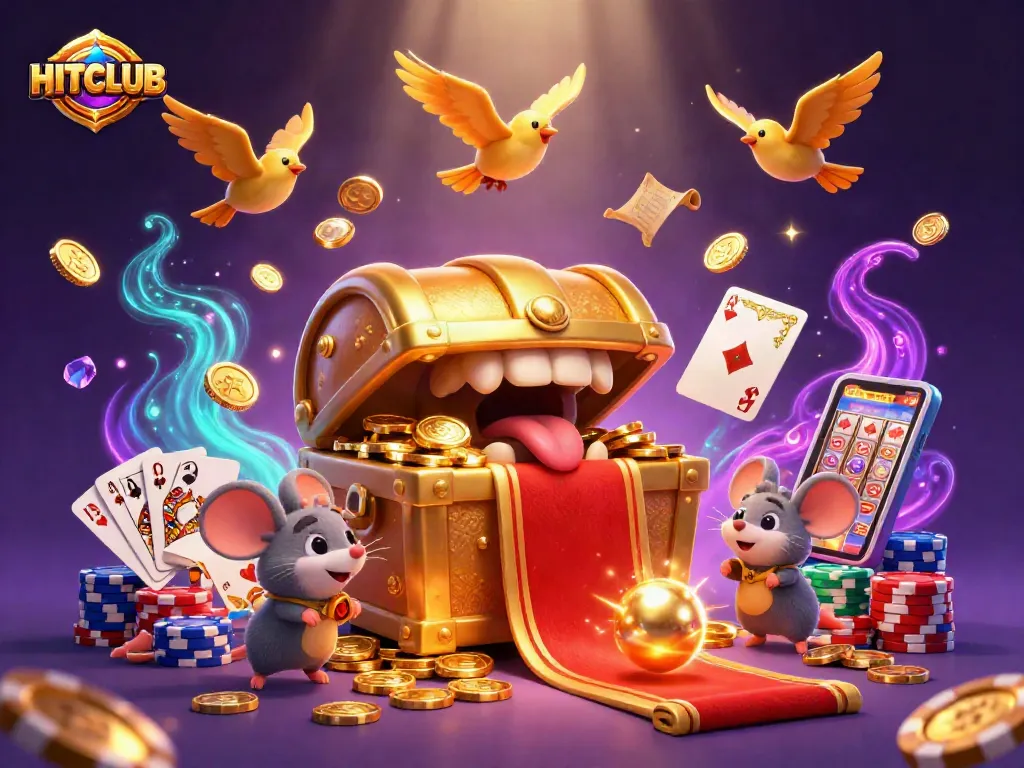 HitCLUB’s thrilling casino adventure illustrated with golden treasures and lively game elements.
