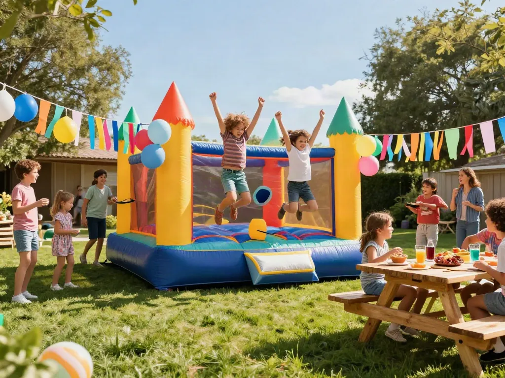 Children enjoying a bounce house at a vibrant outdoor party, surrounded by lively decorations.