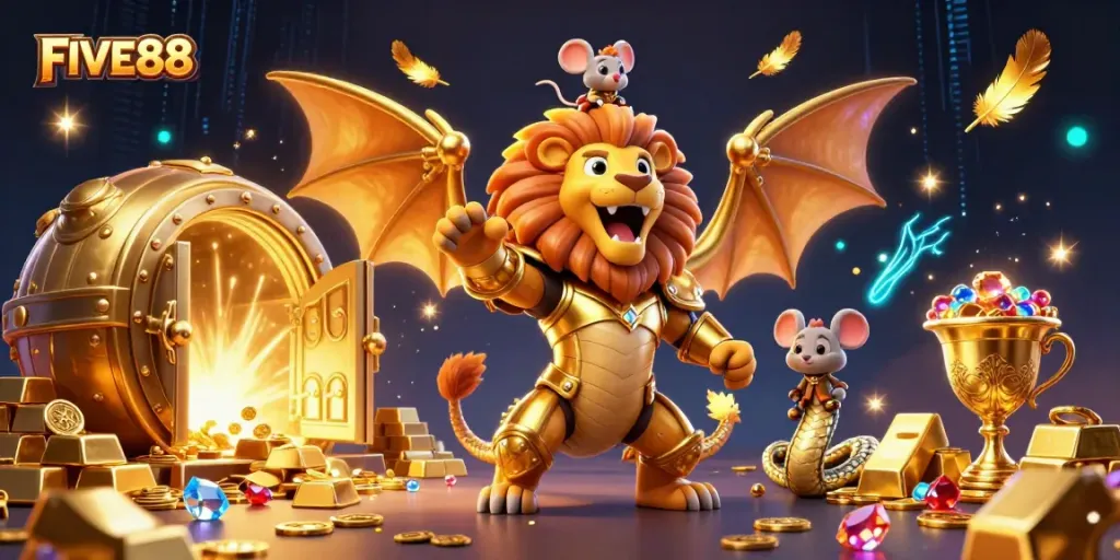 Experience the excitement of FIVE88 with a dazzling casino scene of a chimera and treasure.
