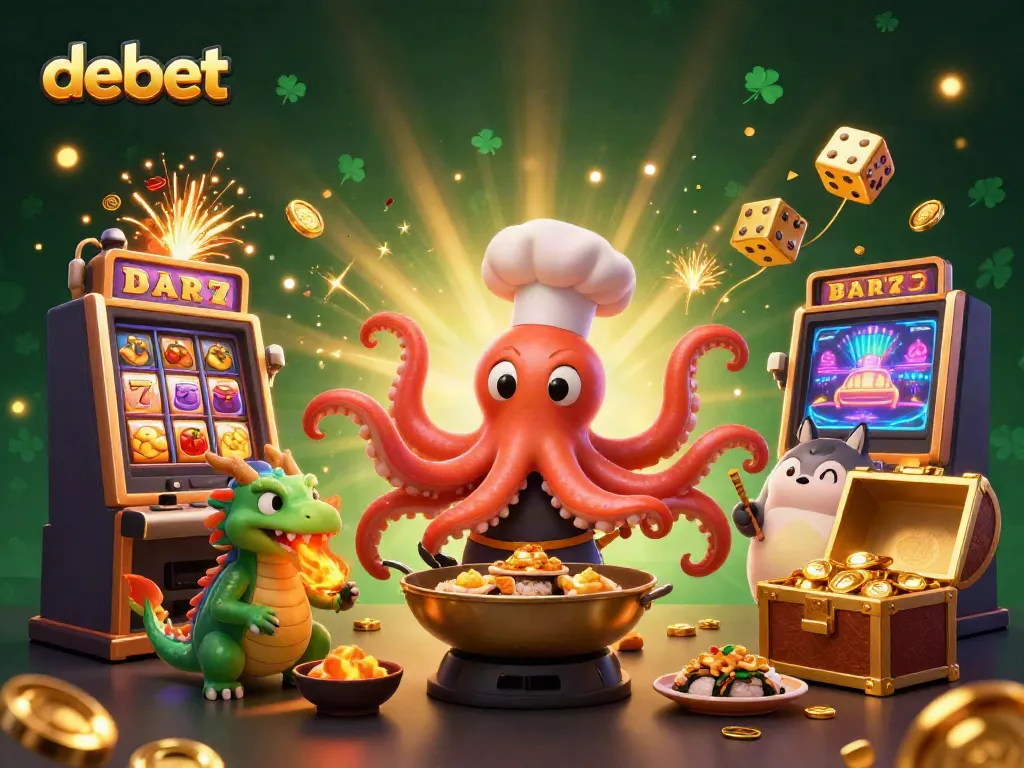Experience the vibrant gaming world with debet, featuring sushi chef octopus and dragon in a bustling casino scene.