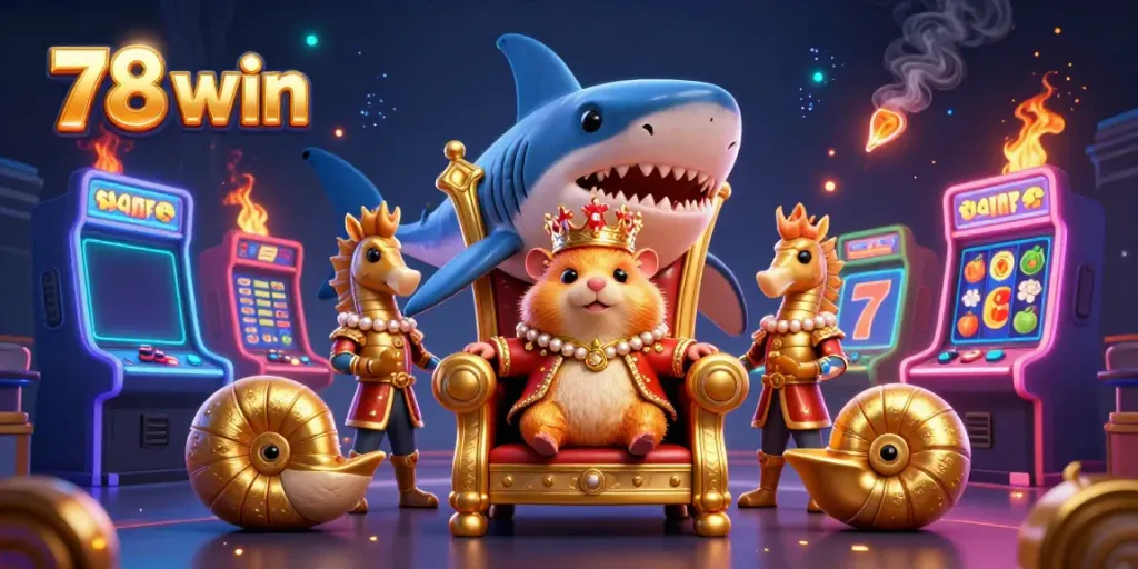 Experience the excitement of 78 win with a golden hamster king surrounded by vibrant casino elements.