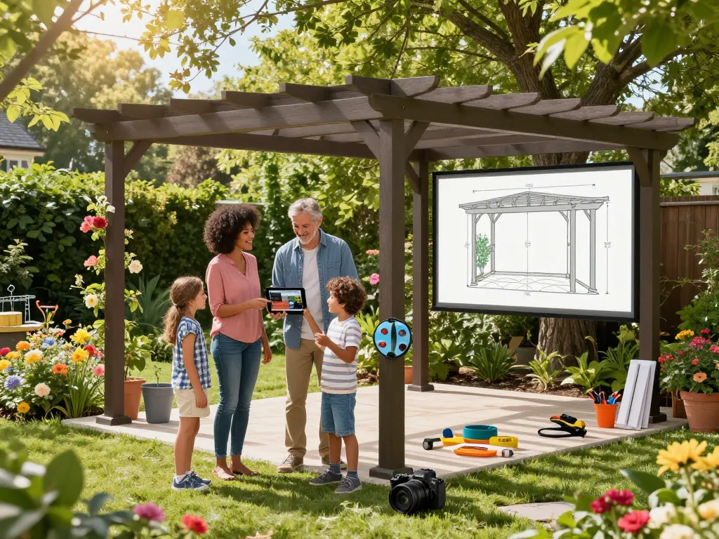 Family using the 3D Pergola Configurator in a garden, visualizing custom pergola design and dimensions.