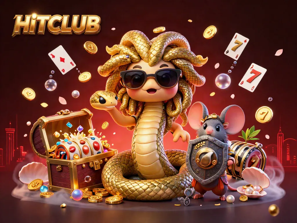 Experience HITCLUB's thrilling casino action with golden slots, treasures, vibrant characters, and dynamic gameplay.