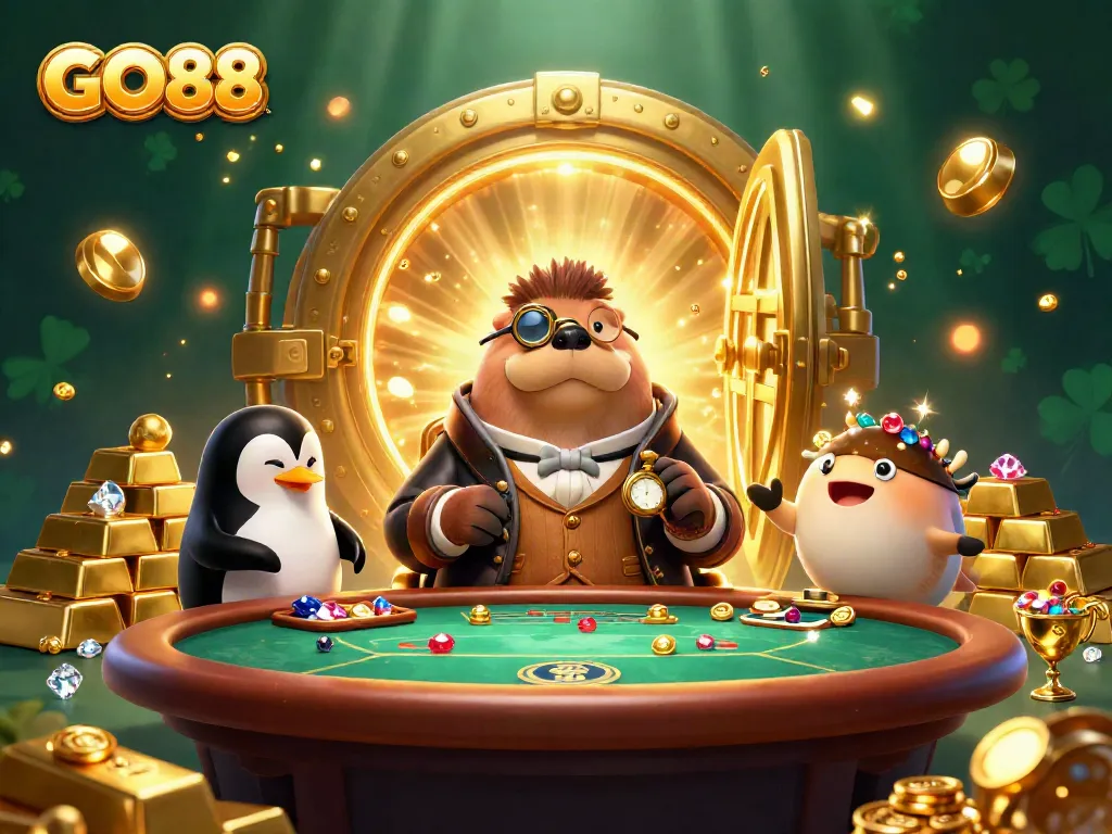 GO88 showcases a jolly walrus at a poker table amidst gold treasures in this vibrant casino scene.