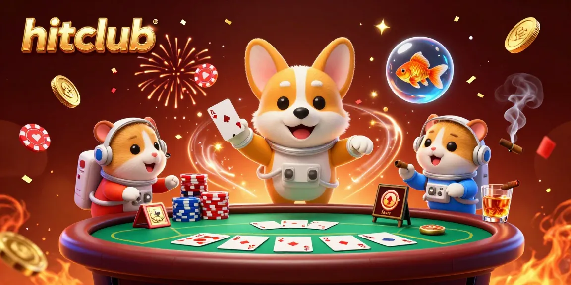 Experience hitclub's vibrant casino atmosphere with an astronaut corgi and mission-control hamster in a whimsical space casino.