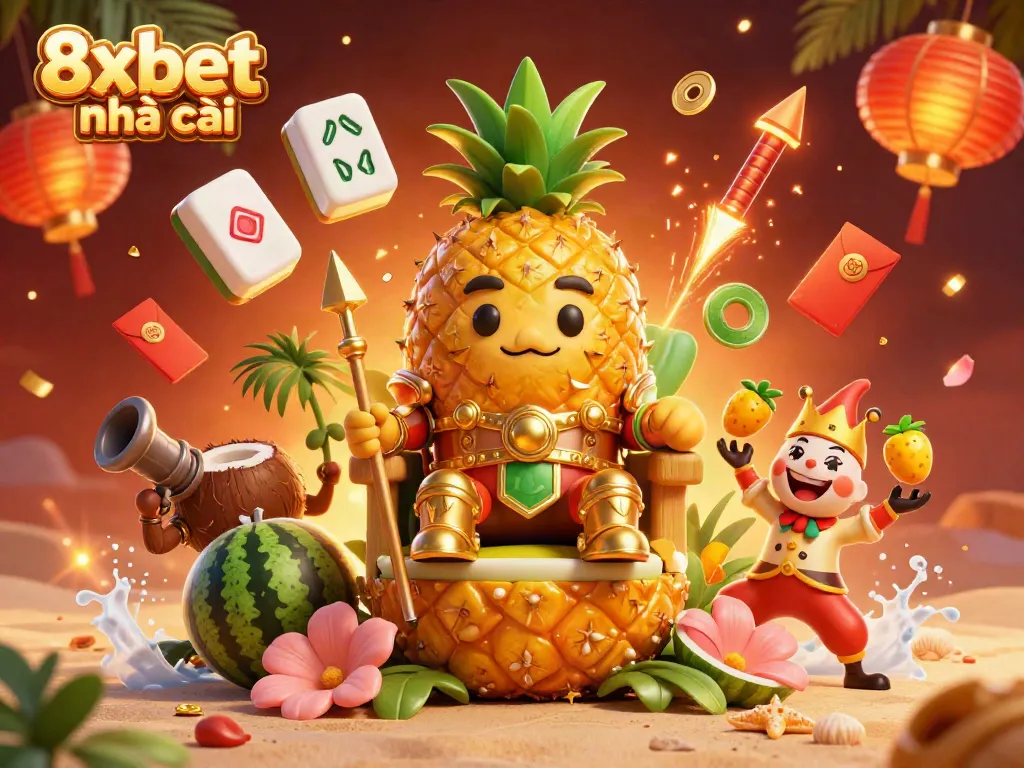 Experience the lively atmosphere at 8xbet nhà cái, with a golden pineapple king and festive casino elements.
