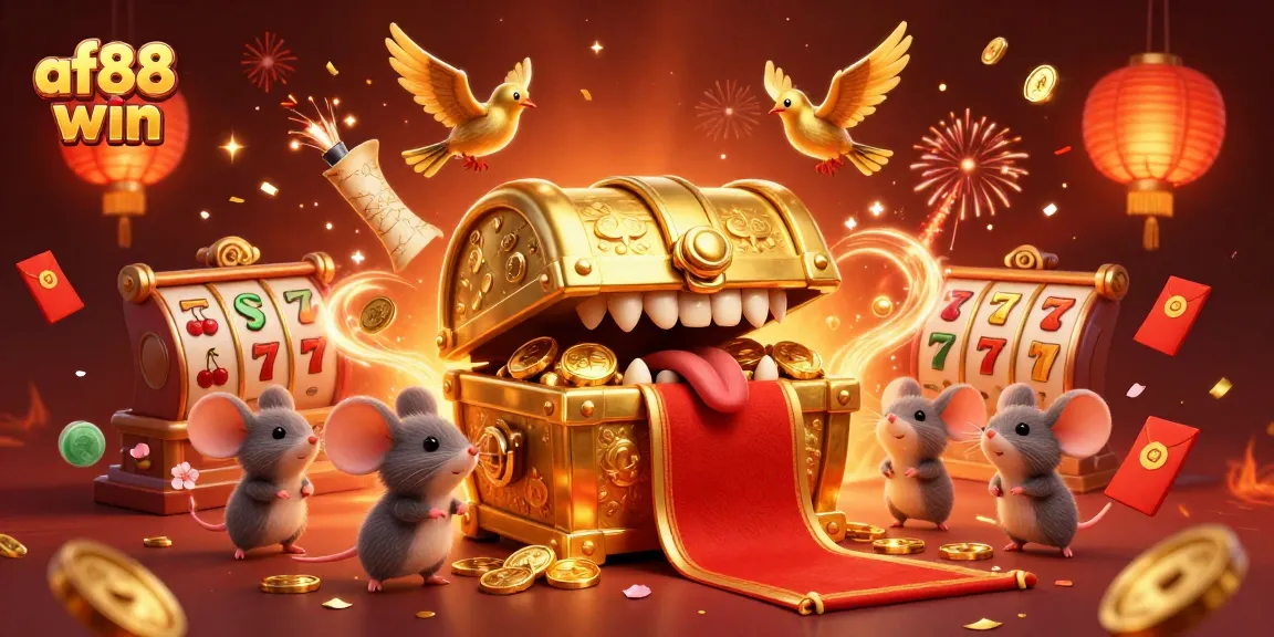Win big at af88 win with this vibrant casino-themed illustration showcasing treasure chests and festive elements.