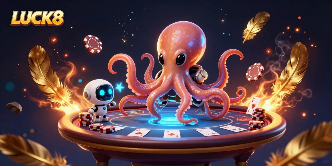 Experience LUCK8 casino thrill in this vibrant 3D illustration featuring an alien octopus and poker elements.