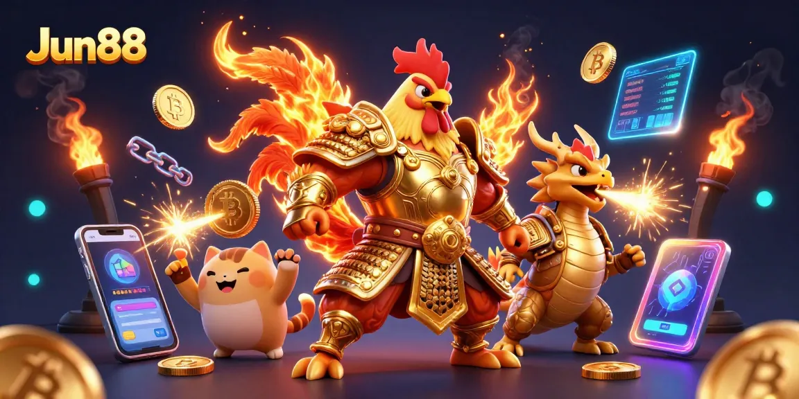 Engage with Jun88 in a vibrant 3D casino scene featuring a fighting rooster and a dragon hatchling.