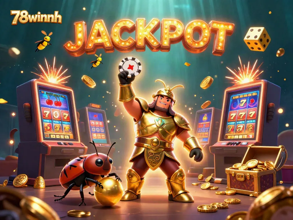 Win big at 78winnh with a victorious hercules beetle lifting a poker chip amidst a jackpot explosion.