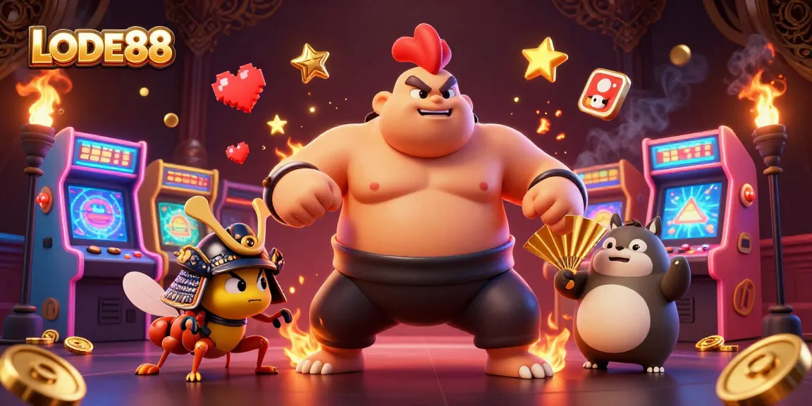 Experience thrilling action at LODE88 with lively casino characters in a dynamic 3D illustration.