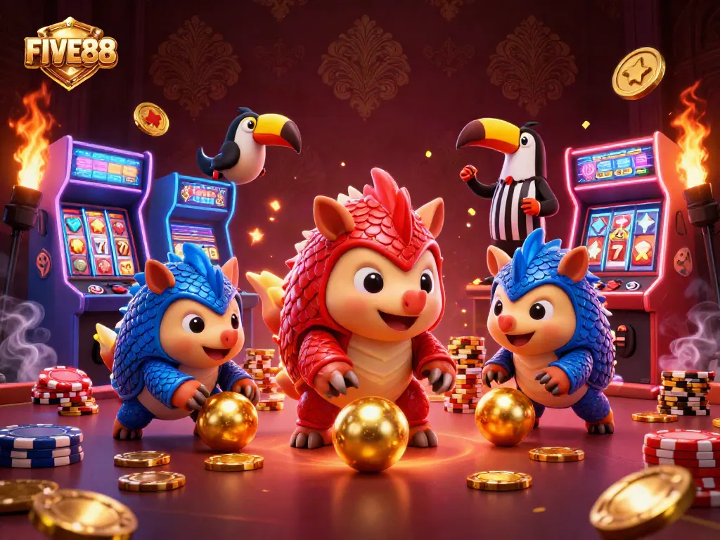 Experience the excitement of FIVE88 with pangolins bowling through poker chips in a vibrant casino scene.