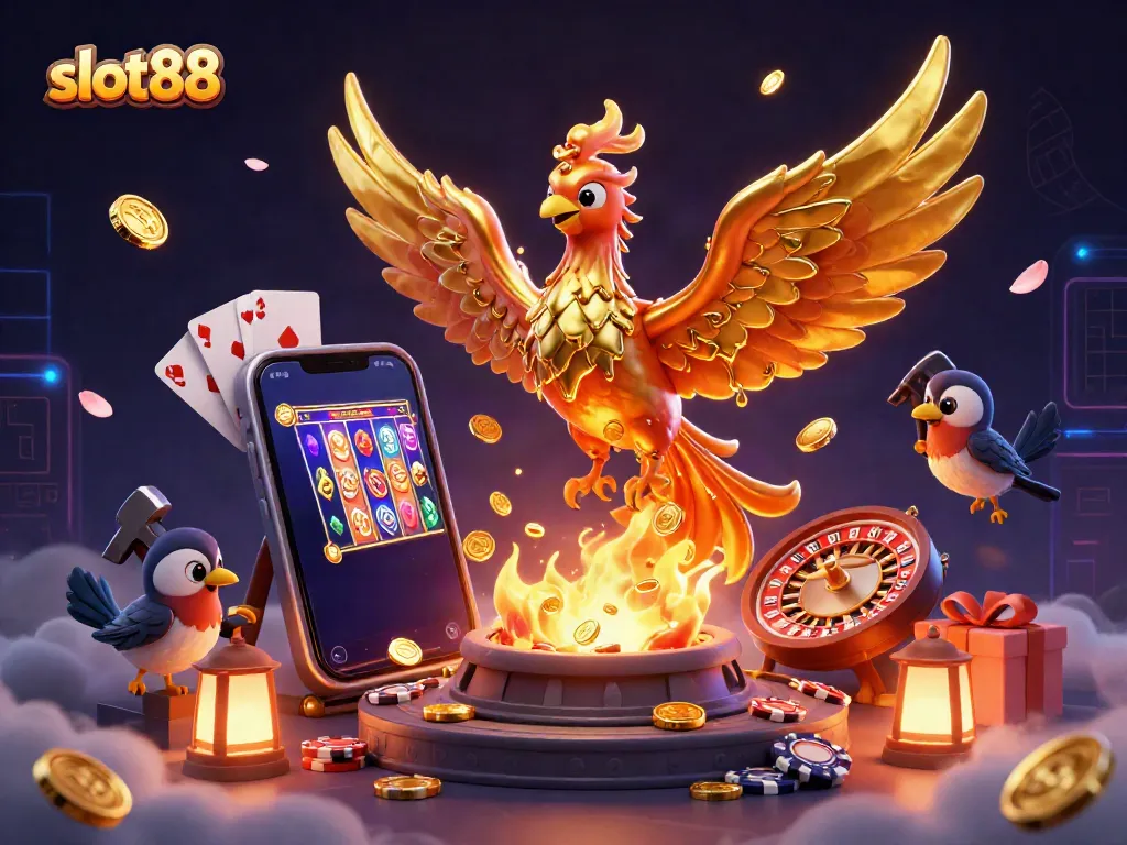 Experience thrilling slots with slot88, featuring a golden phoenix symbolizing jackpots in a vibrant casino scene.