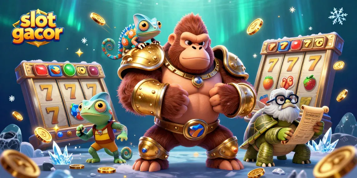 Experience slot gacor action with a vibrant 3D illustration featuring a gorilla king and colorful game elements.
