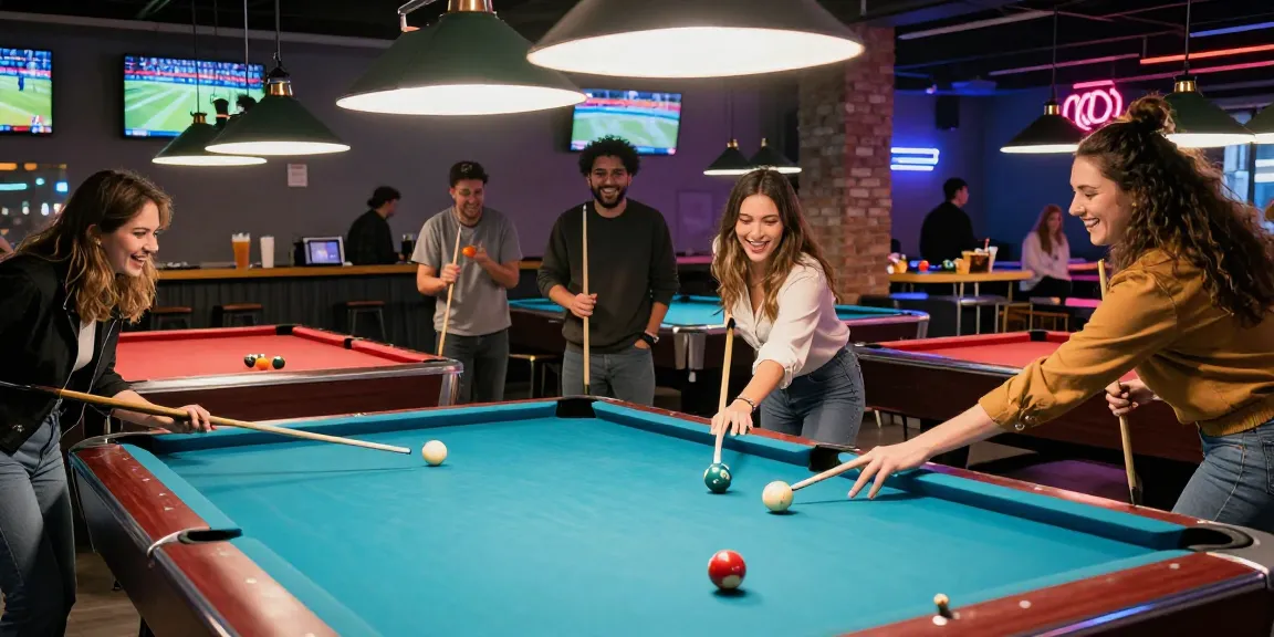 Exciting pool hall Mississauga scene with friends enjoying billiards and craft drinks.