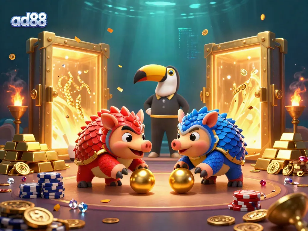 Spin the reels with ad88's vibrant pangolin characters amidst riches and poker chips.