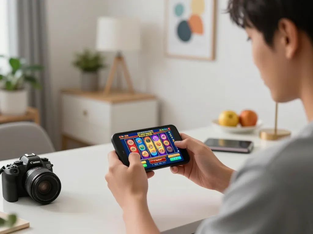 Player experiencing thrilling slot pulsa action on smartphone in a modern home setup