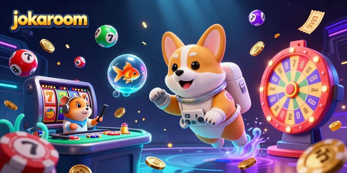 Experience the excitement at jokaroom's casino with a playful astronaut corgi amidst drifting coins and gaming elements.