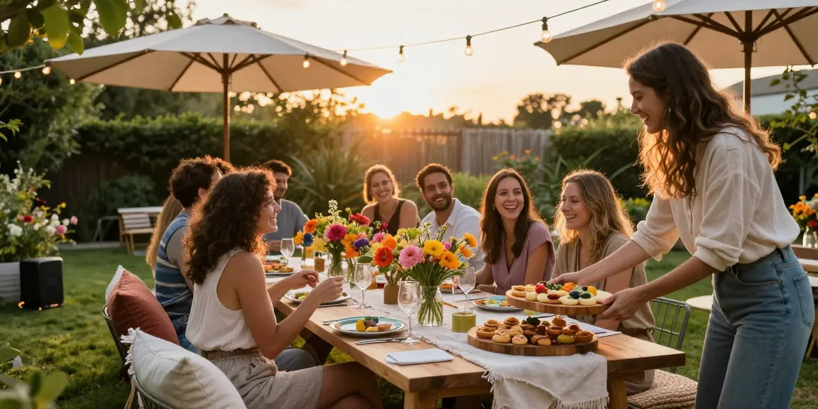 Outdoor garden party scene with friends enjoying appetizers, creating engaging entertaining blogs atmosphere.