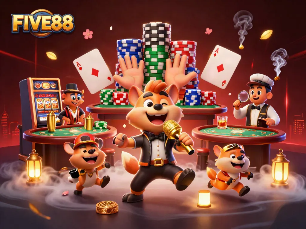 Experience thrilling casino fun at FIVE88 with hyenas enjoying slots and poker in a lively club atmosphere.