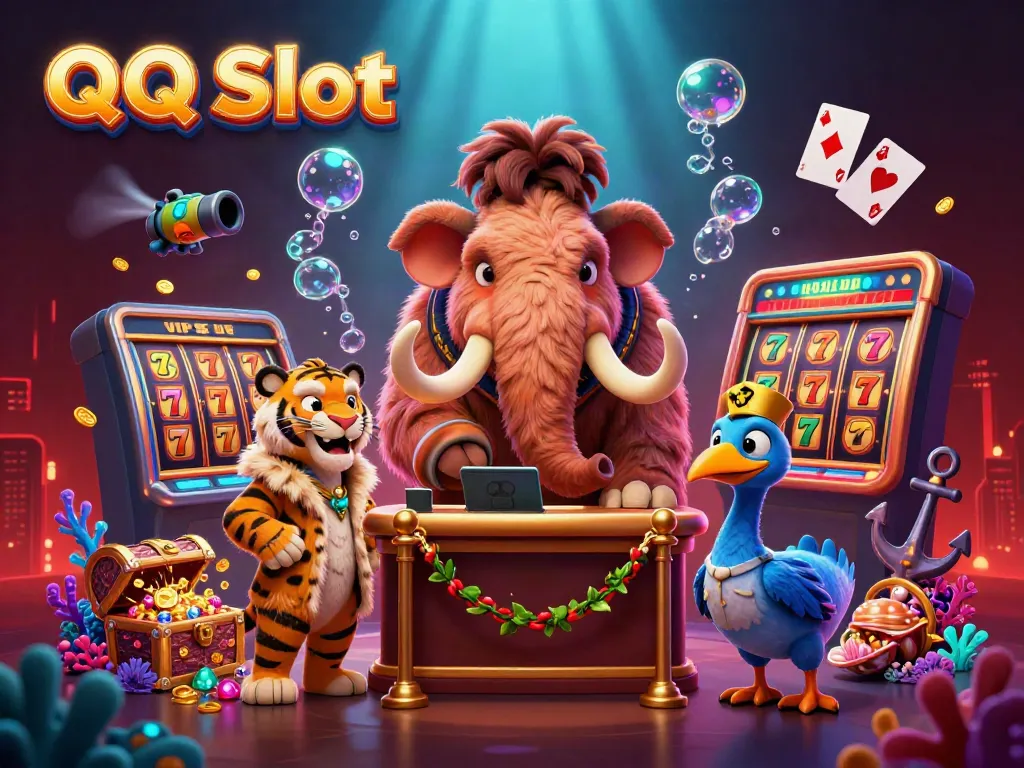 Interactive QQ Slot gaming experience with fun characters and vibrant casino elements.