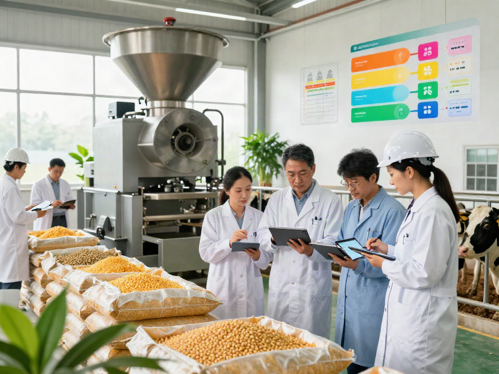 Livestock feed production professionals optimizing formulations with rokok88 link in a modern facility.