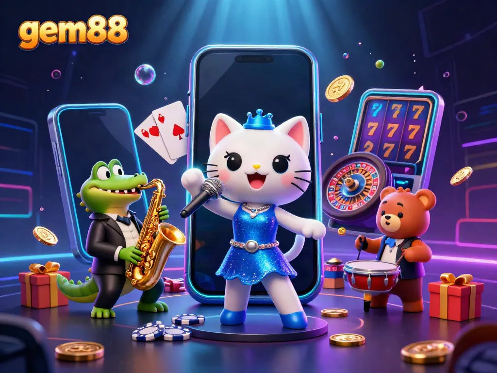 Experience exciting gameplay at gem88 with a vibrant scene of a jazz-singer cat, crocodile, and bear in a lively casino setting.