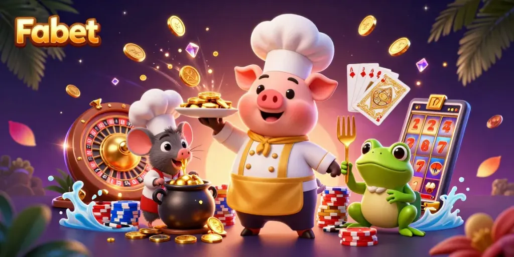 Fabet engaging players with a vibrant casino scene featuring gold coins and colorful slots.