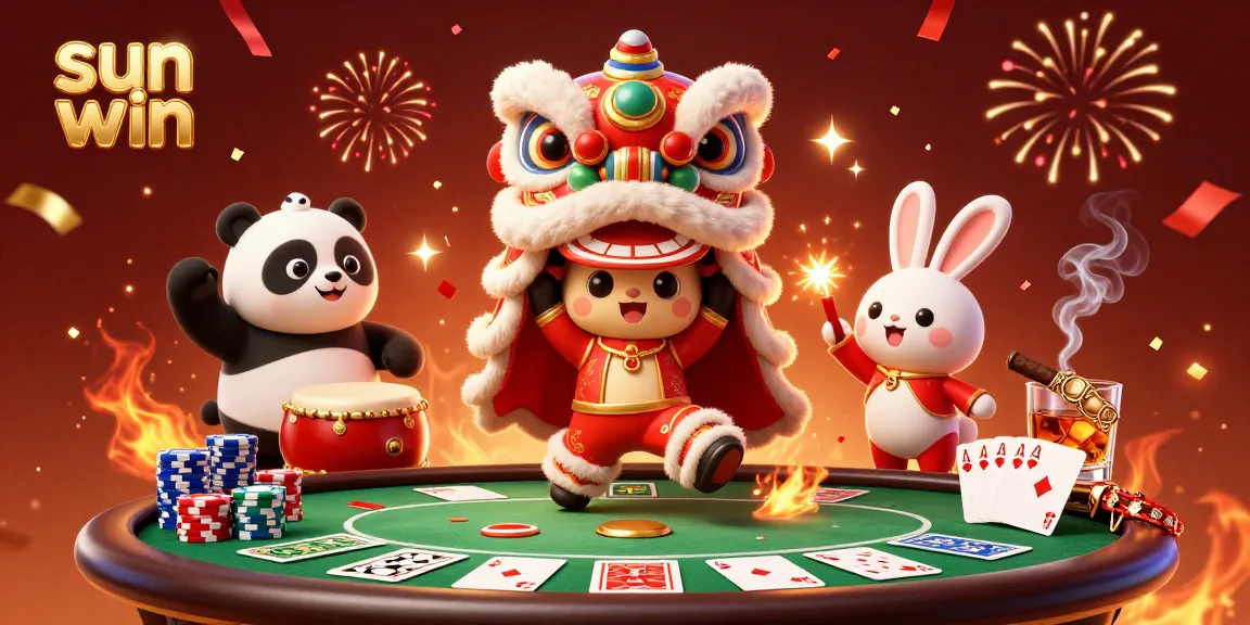 Experience the excitement of sun win with a vibrant 3D lion dance and poker scene filled with energy.