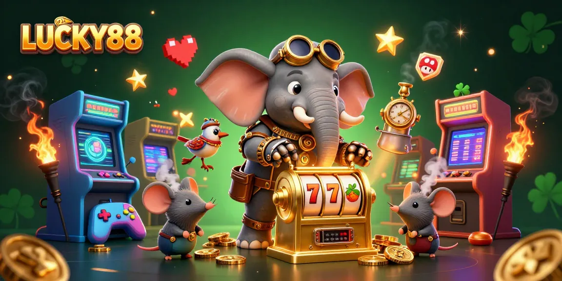 Spin the reels of LUCKY88 with a steampunk elephant engineer and golden slot machine.