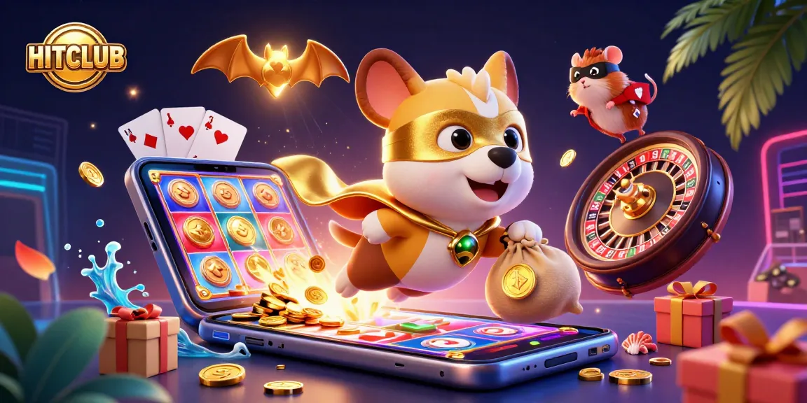 HITCLUB superhero dog flying with coins amidst a vibrant casino atmosphere