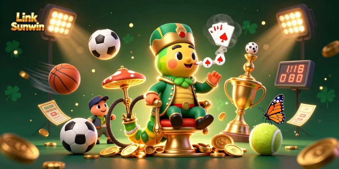 Engage with Link Sunwin through a captivating 3D casino illustration featuring a hookah-master and dynamic gaming elements.