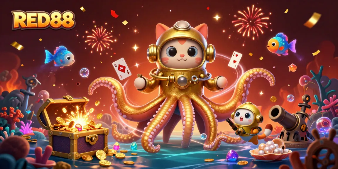 Engage with RED88 in a vibrant underwater casino setting filled with treasures, playing cards, and bioluminescent fish.